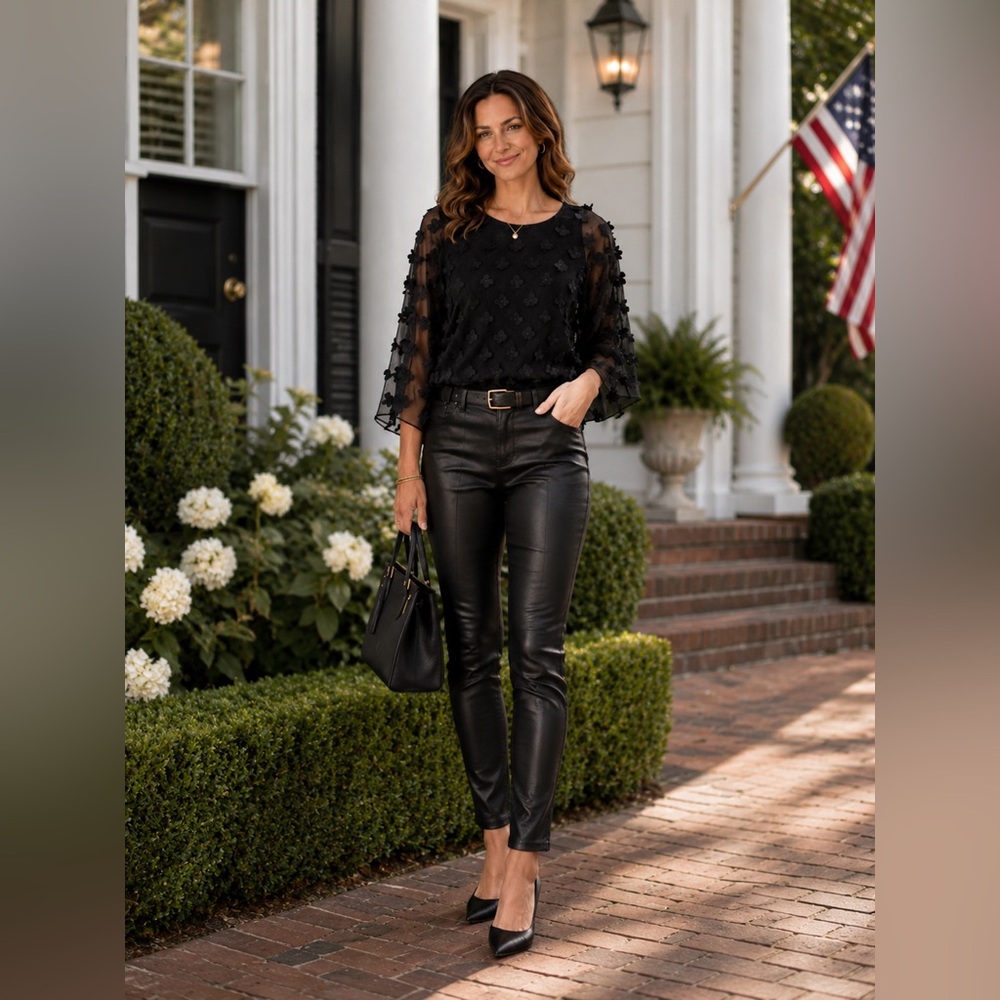 MSK Black Textured Floral Appliqué Sheer Blouse